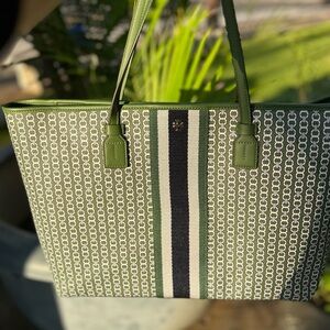 Tory Burch green & white Gemini Link canvas tote bag purse